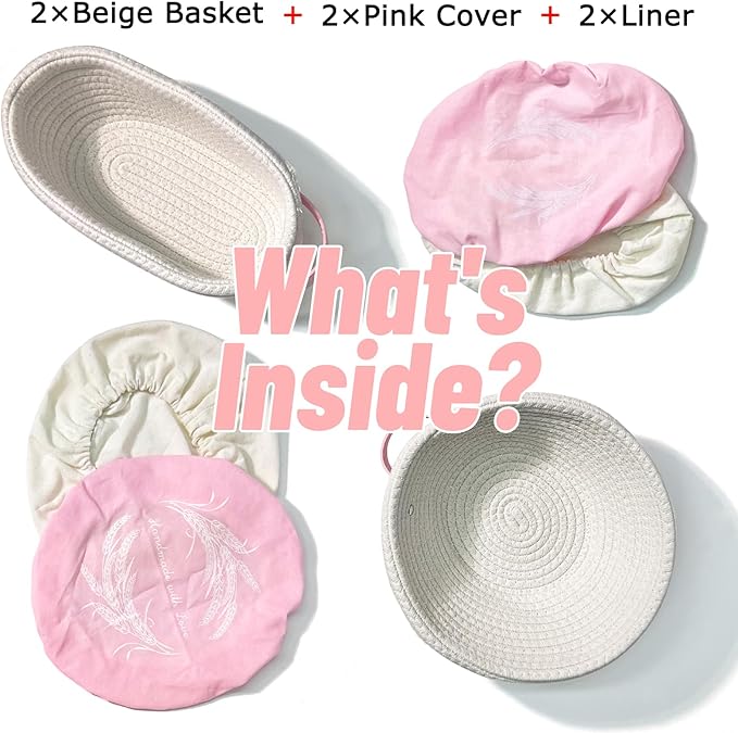 Cotton Rope Bread Proofing Basket, 2 Set, Oval & Round Baskets with Cloth Liners & Pink Covers - Artisan Sourdough Baking Supplies, Decorative Baking Tools for Kitchen & Gift for Baker