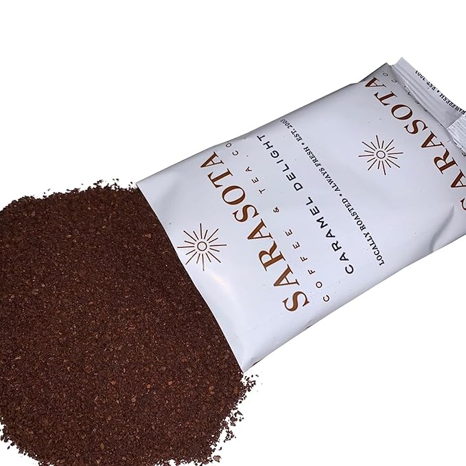 Sarasota Coffee Ground Packets | Gourmet Flavored Medium Roast Bulk Coffee Packs | Salted Caramel | Low Acid Mold Free Singles Individual Pouches for 12 Cup Coffee Maker | 2.5 Ounce Bags, 36 Count