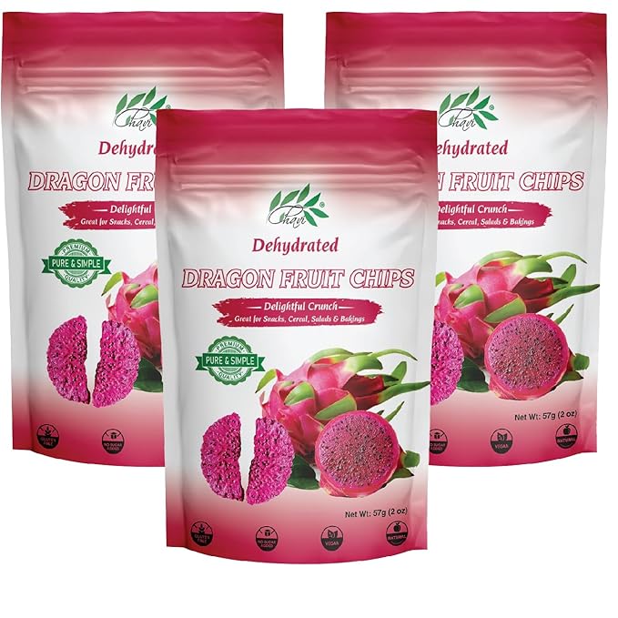 CHAVI Dragon Fruit Chips - Pack of 3 x 2 Oz - Healthy 1 Ingredient Superfood Snack - No Added Sugars or Preservatives - Non-GMO, Vegan, Gluten-Free (Pack of 3)??,<div>
