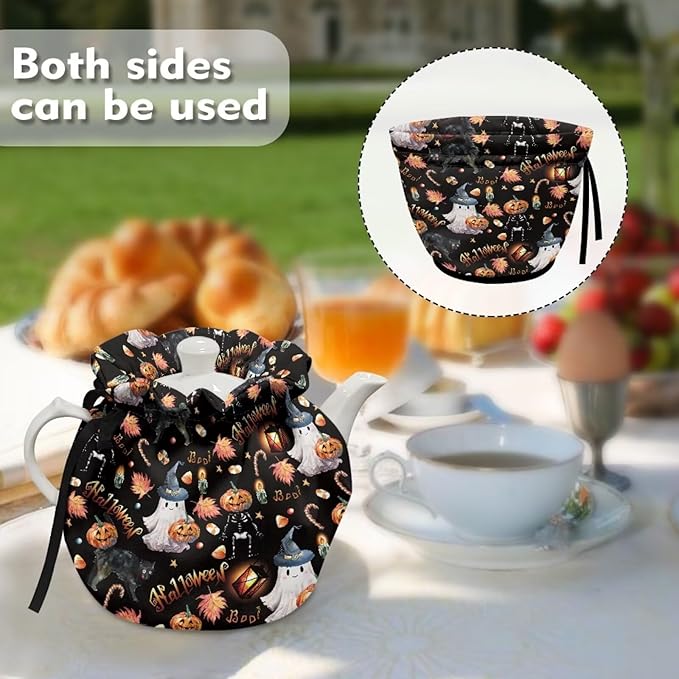 Pumpkin Tea Cozy for Teapot Insulated Ghost Tea Kettle Cover for All Saints' Day Party Keep Warm Tea Pot Cover with Drawstring Home Kitchen Decor