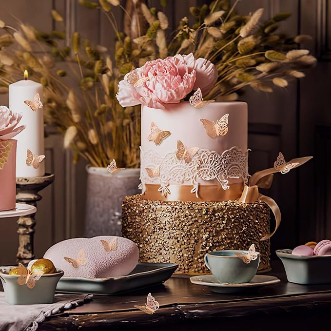 72 Pcs Rose Gold Butterfly Decorations - 3 Sizes, 3 Styles, 3D Wall Decor for Parties, Birthdays & Crafts