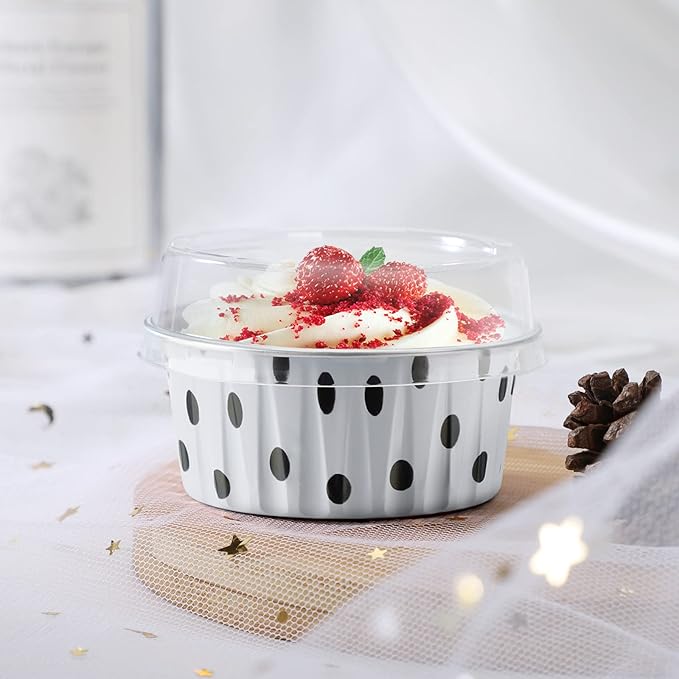 EUSOAR Aluminum Foil Muffin Liners, 30pcs 5oz Aluminum Foil Muffin Liners Cupcake Baking Cups, Mini Pie Pans with Lids, Disposable Foil Baking Cups Containers for Creme Brulee or Cupcake-Polka Dot