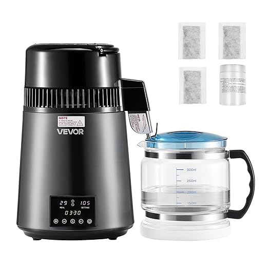 VEVOR Water Distiller, 4L 1.1 Gallon Pure Water Purifier Filter for Home Table Countertop, 750W Distilled Maker with Glass Pot, Stainless Steel Interior Drinking Machine to Make Clean Waters, Grey