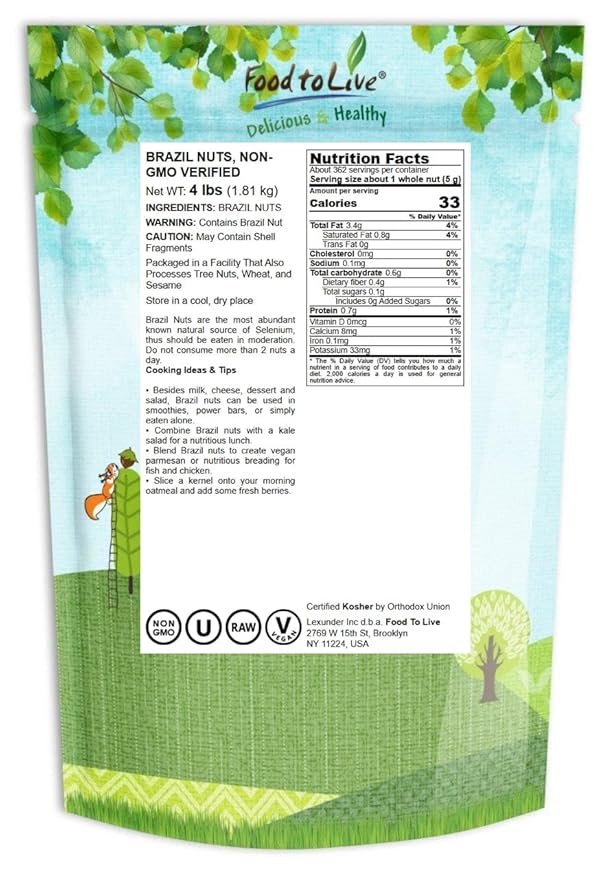 Food to Live - Raw Brazil Nuts, 4 Pounds Non-GMO Verified, Raw, Whole, No Shell, Unsalted, Kosher, Vegan, Keto and Paleo Friendly, Bulk, Good Source of Selenium, Low Sodium and Low Carb Food.