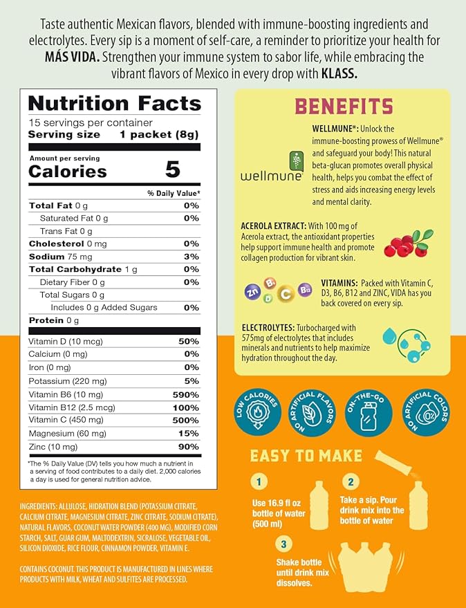 Hydration + Immunity Electrolyte Drink Mix ??Mango Agua Fresca Flavor | Sugar-Free Powder with Wellmune®, Acerola, Coconut Water & Minerals | 15 Single-Serve Stick Packs, Natural Flavor