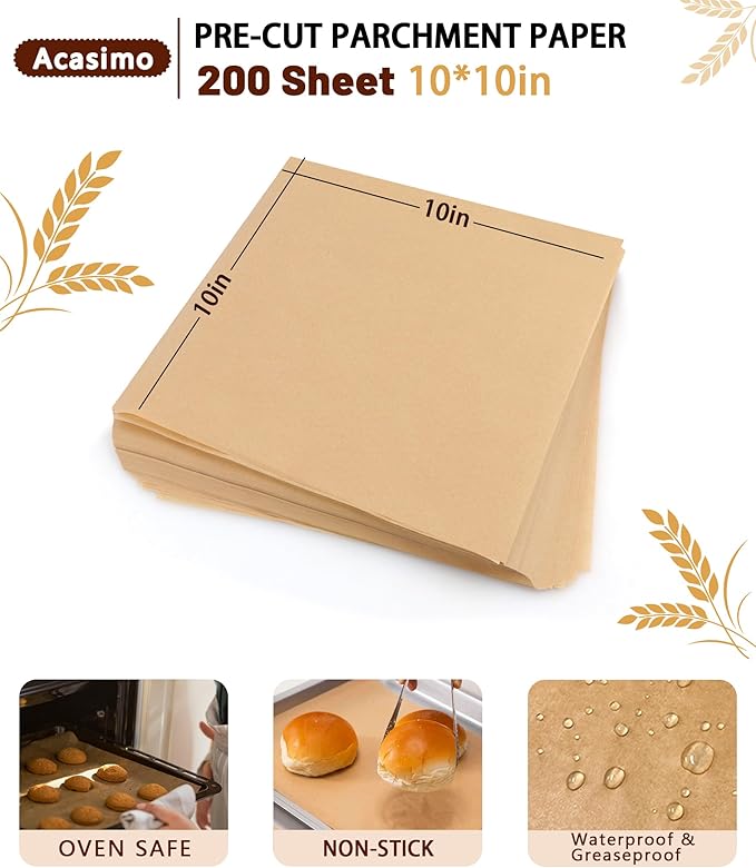 200PCS Parchment Paper Sheets, 10x10in, Squares Baking Paper for Baking, Air Fryer, Steaming, Grilling, Roasting, Wrapping, Precut Non-Stick Square Pan Liners, Oven Paper for Bread (Brown, 10x10 in)