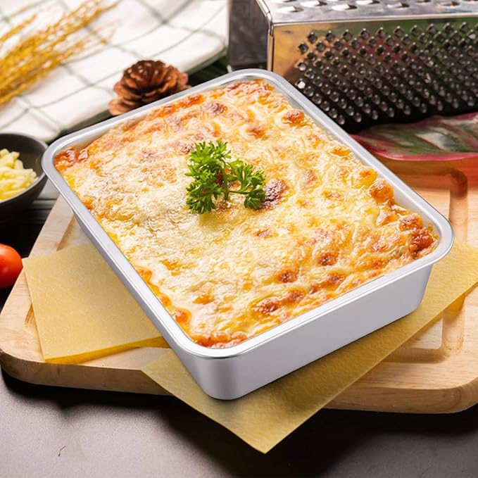 E-far Lasagna Pan Set of 2, Deep Stainless Steel Baking Pans, 12.75 x10 x3.2 Inches Rectangular Metal Roasting Baking Dish Bakeware for Oven, Non-Toxic & Heavy Duty, Dishwasher Safe