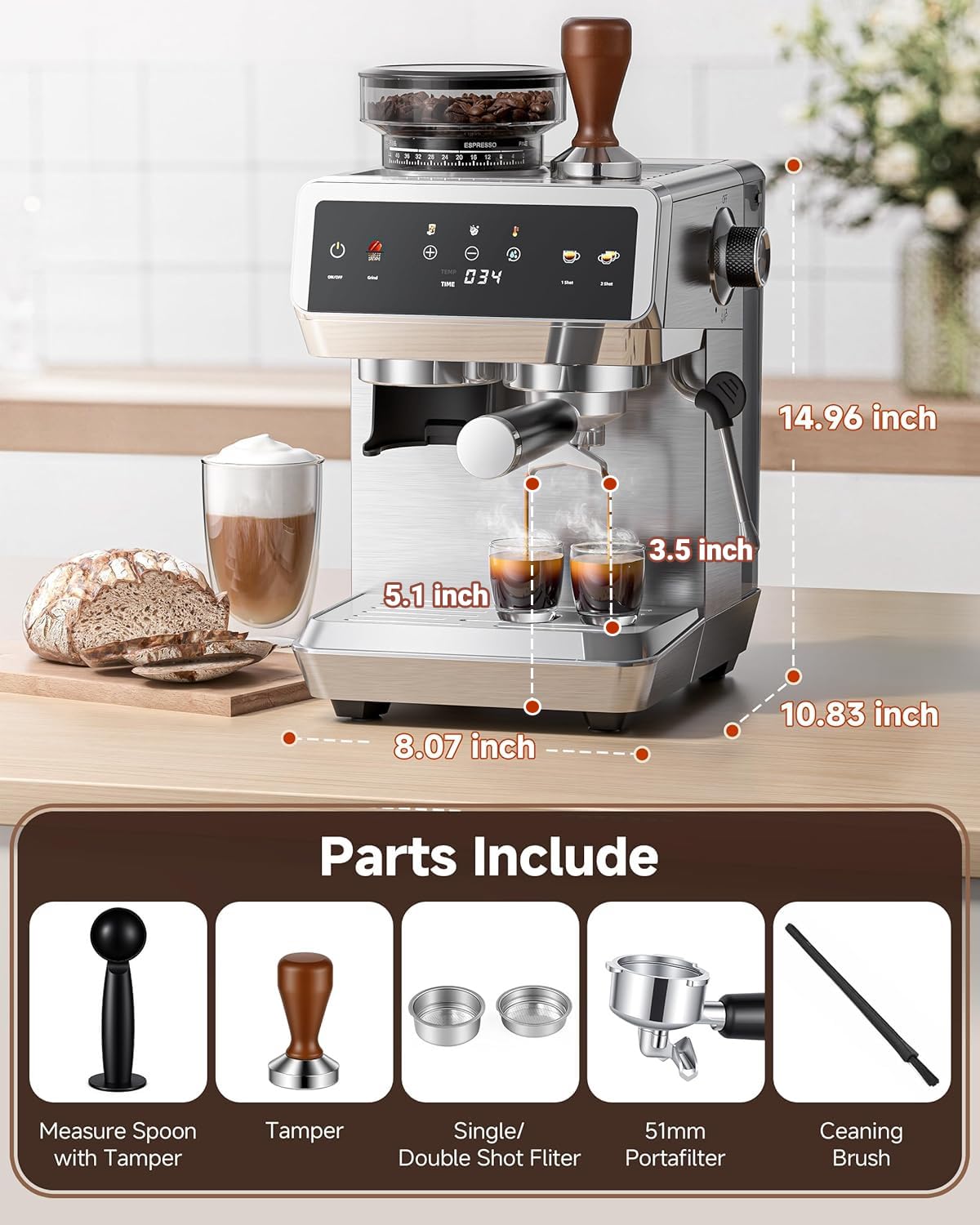 AMZCHEF Espresso Machine With Grinder, Temp Control, 44 Grind Settings