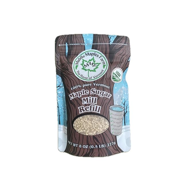 Vermont Pure Organic Coarse Maple Sugar from Middle Maples Farm, 8oz resealable pouch, Use as Sprinkles, Perfect for Toppings or Refilling the Maple Sugar Mill, Product of USA, Non-GMO, No Preservatives, Vegan