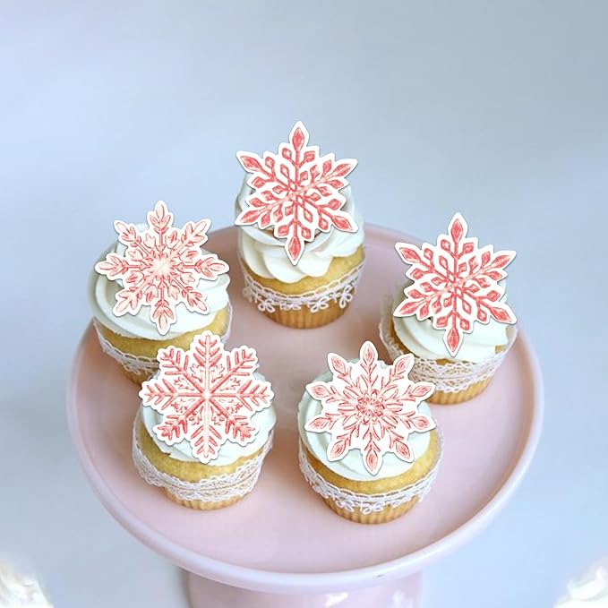 60 PCS Edible Snowflake Cupcake Toppers Wafer Paper Frozen Cupcake Topper Edible Snowflake Cupcake Picks Decoration for Winter Wonderland Christmas Birthday Party Cake Decorations Supplies White Pink