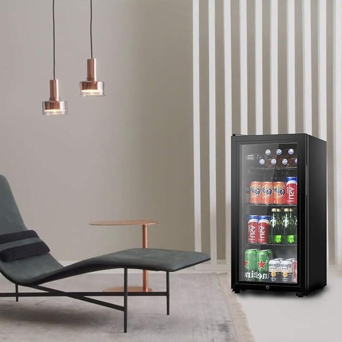 Beverage Refrigerator, 3.2 Cu. Ft, Mini Fridge with Glass Door for Soda Beer, Freestanding Beverage Cooler for Office, Bar, Adjustable Shelving&Adjustable Foot