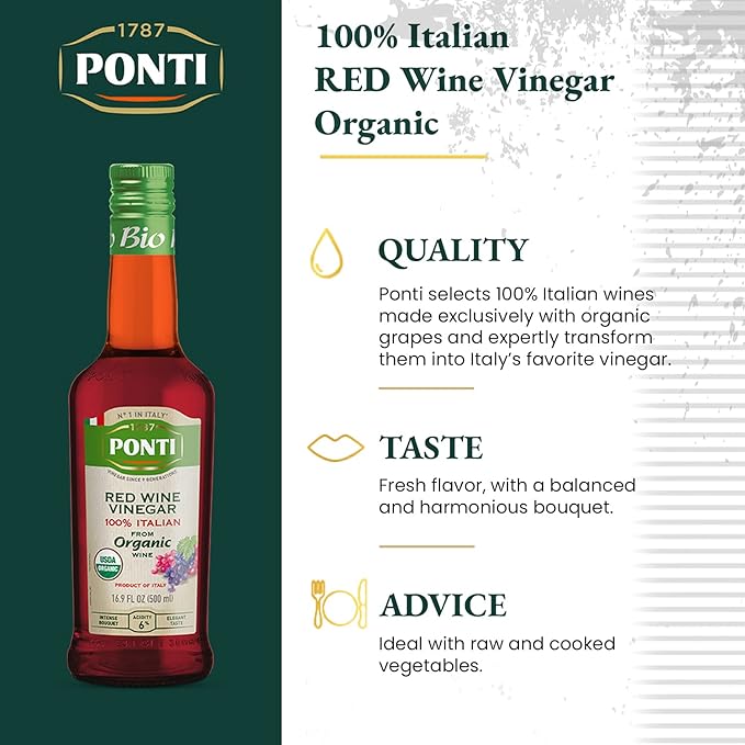 1787 PONTI Organic 100% Italian Red Wine Vinegar - Balanced Acidity and Harmonious Bouquets - Delicious with all Types of Salads, Seafood and Dark Meats - A Wonderful Addition to Baked Dishes - 16.9 Fl.Oz