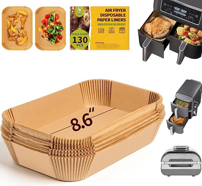 Katbite Air Fryer Liners Disposable - 8.6x5.5'' 130PCS Rectangle Paper Liners, Thick Airfryer Parchment Paper Liners for Dual Air Fryer, DZ201, DZ401, FG551