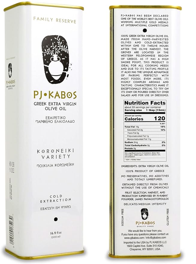 P.J. KABOS 2024/25 Harvest, High Phenolic (450+mg/kg), Natural Greek Extra Virgin Olive Oil, Kosher, Greece, Cold Extracted, 16.9 oz Tin, Koroneiki, "Family Reserve -Medium" (12-Pack)
