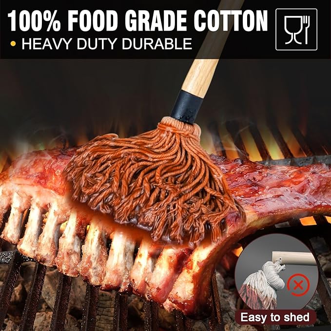 Walfos Basting Brush Silicone and BBQ Mop, Grill Basting Mop with 3 Heads and 2Pcs Pastry Brushes, Wooden Long Handle, Heat Resistant for Grilling, Smoking Steak, Kitchen Cooking (18"竊?,<div>