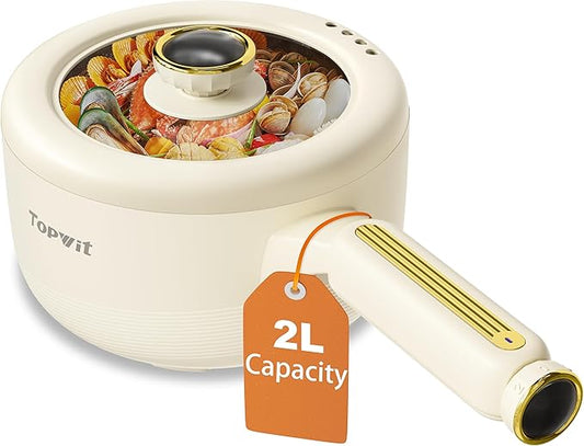 TOPWIT Hot Pot Electric, 2L Multifunctional Electric Pot, Non-Stick Saut챕 Pan, Portable Pot for Steak, Egg, Fried Rice, Ramen, Soup with Dual Power Control (Silicone Spatula Included), Beige