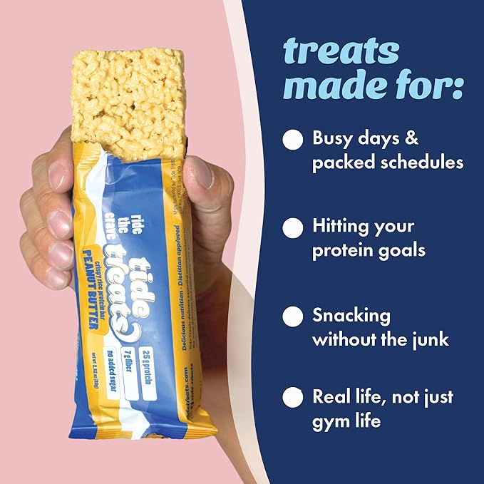 Crispy Rice Protein Treat Peanut Butter Bar | 25 g Protein, No Added Sugar, 7 g Fiber, Gluten Free | High Protein Snack for On-the-Go, Post-Workout or Dessert Cravings | 8 Count | TideTreats
