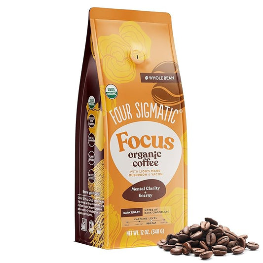 Four Sigmatic Dark Roast Organic Whole Bean Coffee | Gourmet Nootropic Mushroom Coffee Beans with Lion's Mane & Chaga Mushrooms for Enhanced Brain Function and Immune Support | 12oz