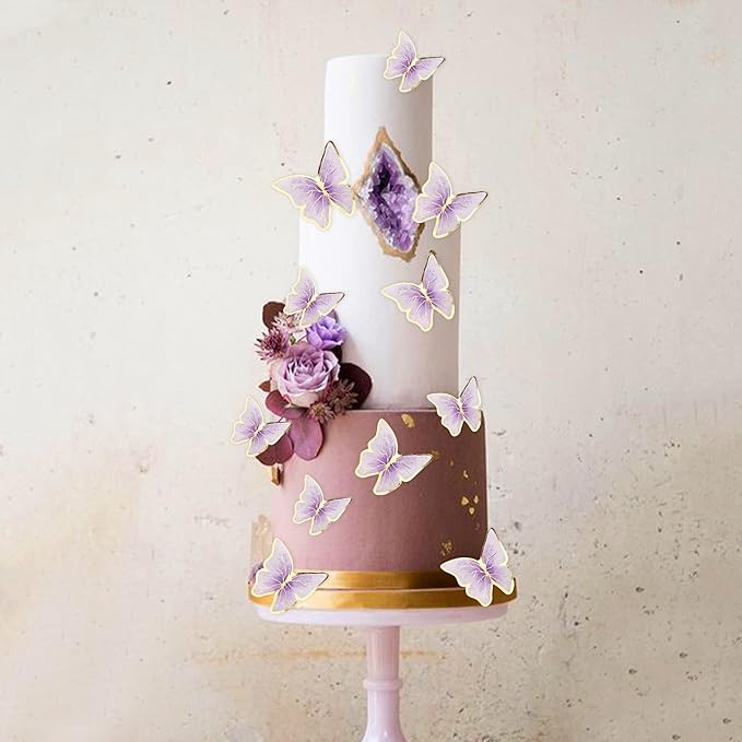30PCS Butterfly Cake Toppers 3D Purple Gold Butterfly Cupcake Toppers Birthday Party Cake Decorations Supplies for Anniversary Wedding Party Baby Shower Wall Decor