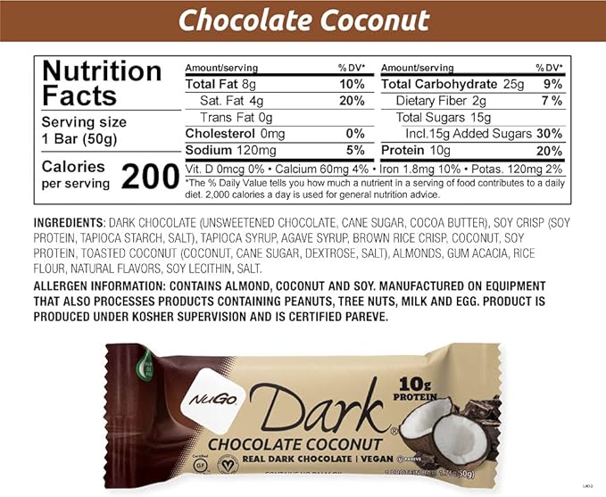 NuGo Dark Chocolate Coconut Box, 1.76 OZ (Pack of 12)