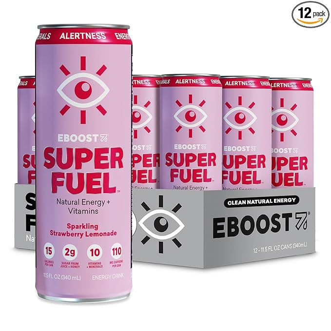 EBOOST Super Fuel Healthy Energy Drink - Caffeine from Natural & Clean Ingredients For Focus and Productivity -Taurine Free Pre-Workout With Electrolytes, Nootropic - Strawberry Lemonade, 12 Pack