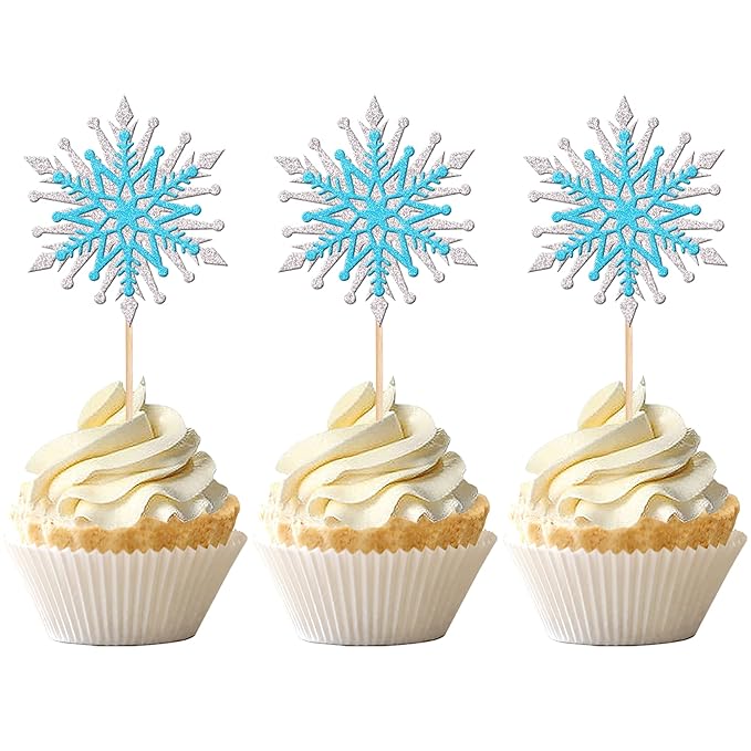 24 PCS Snowflake Cupcake Toppers Assemble Glitter Double Layers Winter Snowflake Cupcake Picks for Winter Wonderland Baby Shower Birthday Merry Christmas Party Cake Decorations Supplies