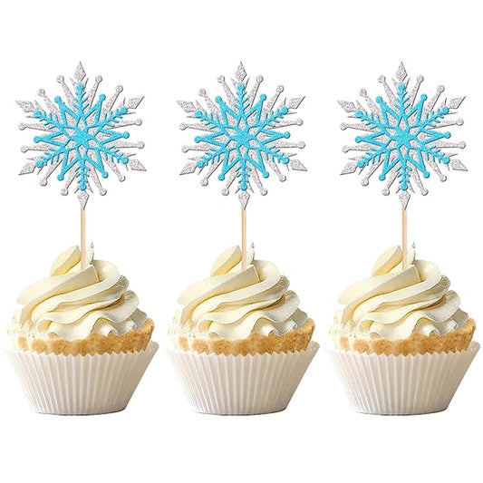 24 PCS Snowflake Cupcake Toppers Assemble Glitter Double Layers Winter Snowflake Cupcake Picks for Winter Wonderland Baby Shower Birthday Merry Christmas Party Cake Decorations Supplies