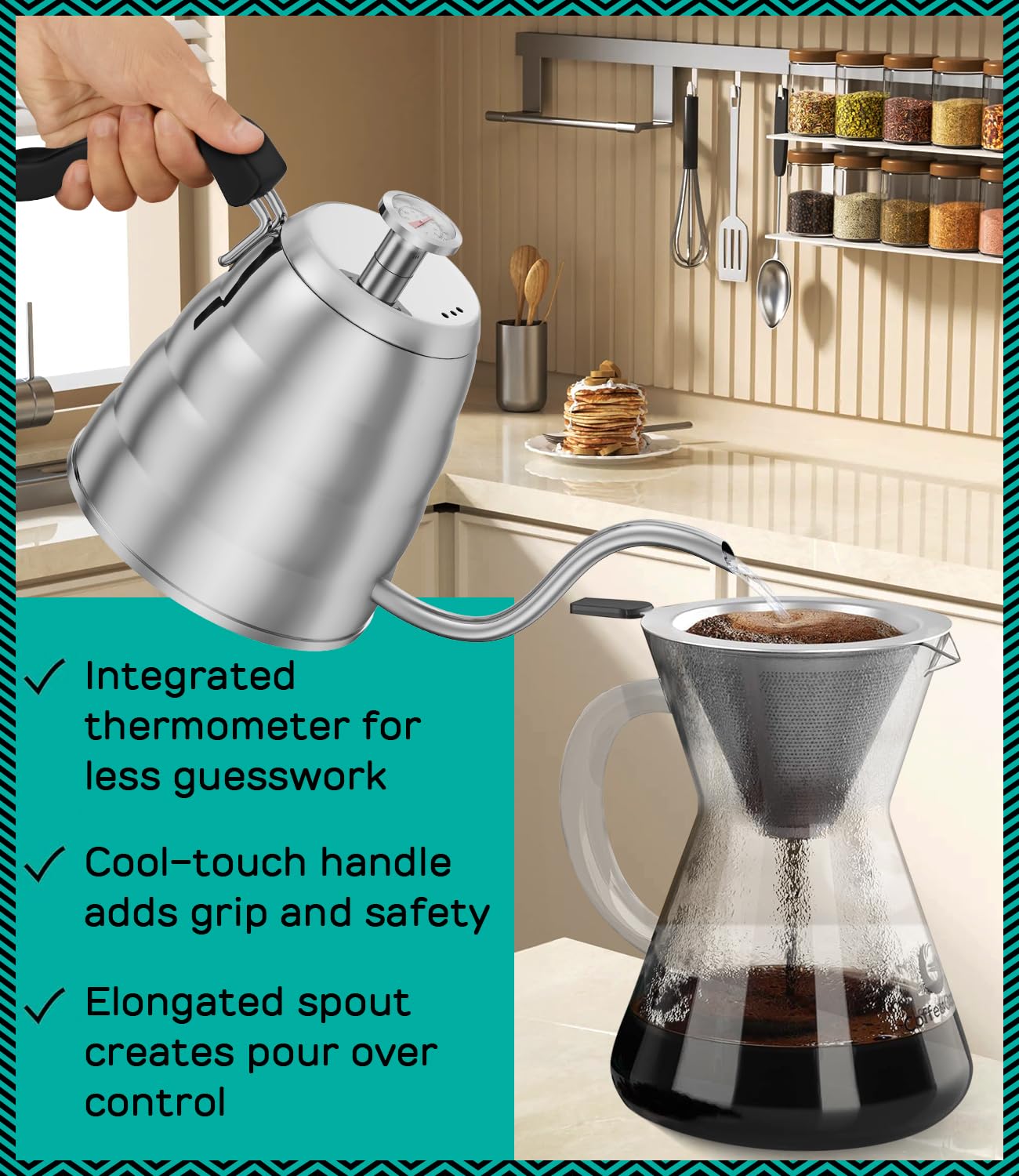 Coffee Gator Gooseneck Kettle with Thermometer - 40oz Premium Stainless Steel Pour Over Coffee