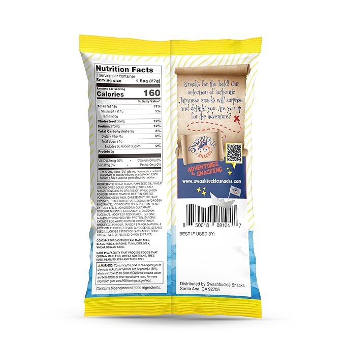 Swashbuckle Snacks Crispy Tempura Calamari Snack Chips Cheese Flavor 0.95oz (27g) - 5pack, Made in Japan, Otsumami