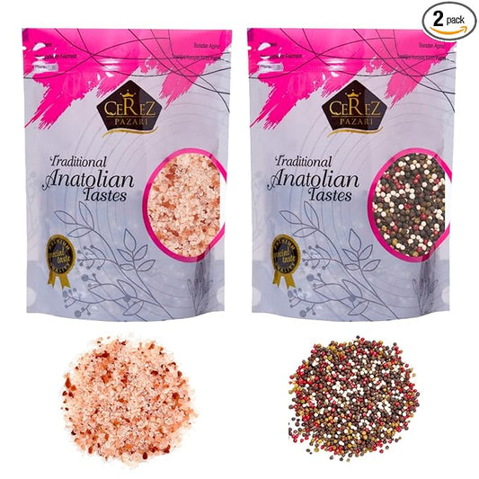 Cerez Pazari Rainbow Peppercorn Blend 12 oz and Himalayan Pink Salt (Coarse Grain) 2 lbs, Whole Black, Pink, Green, White Color Pepper For Grinders Refills