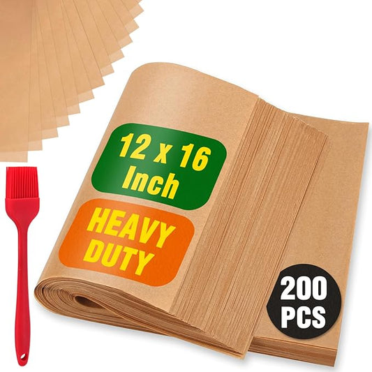 200 PCS Parchment Paper Sheets - OAMCEG 12x16 Inch Unbleached Pre-Cut Parchment Paper, No Chemical Non-Stick with a Silicone Brush, for Baking Grilling Bread Cup Cake Cookie