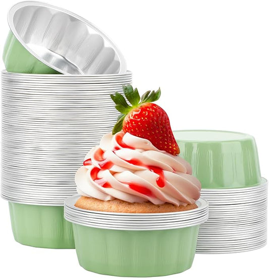 Beasea 8oz Aluminum Ramekins, 100 Pack 3.9" Disposable Baking Foil Cups Mini Ramekin Cup Cupcake Aluminum Baking Cups for Party - Pea Green