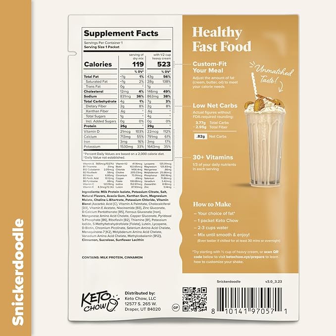 Keto Chow Snickerdoodle | Keto Meal Replacement Shake Powder | Nutritionally Complete Food | Low Carb Keto Meals | Delicious Easy Meal Substitute Drink | Protein Rich You Choose The Fat| 21 Meal
