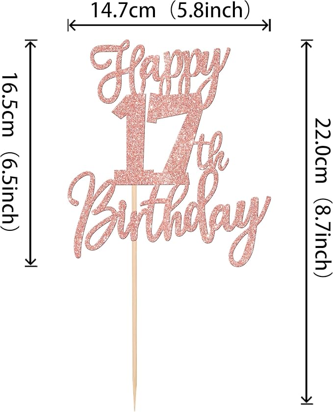 1 PCS Happy 17th Birthday Cake Topper Glitter Cheers to 17 Years Birthday Cake Pick Seventeen Hello 17 Cake Decoration for Happy 17th Birthday Anniversary Theme Party Decorations Rose Gold