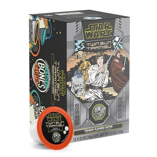 Bones Coffee Company Star Wars Twin Sun, Tiramisu Flavored Coffee Pods, Low Acid Medium Roast Single-Serve Bones Cups For 1.0 & 2.0 Capsule Brewers Coffee Maker, 12 Count