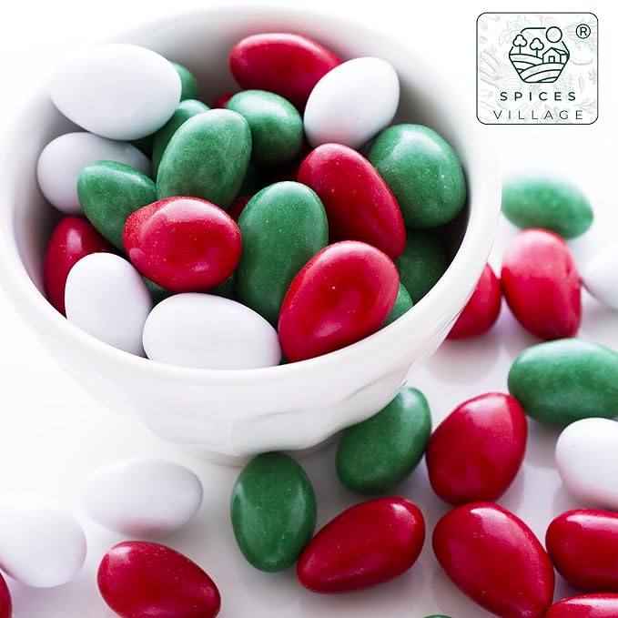 Spices Village Christmas Jordan Almonds, Red, Green, and White Candy-Coated Almonds, Ideal for Christmas, Noel, and Seasonal Celebrations - Certified Kosher, Non-GMO,32 oz
