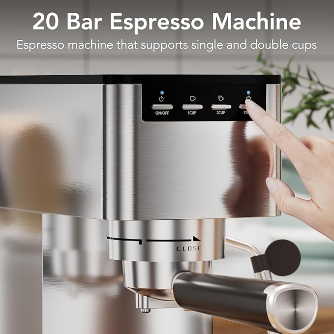 Kndko Espresso Machine 20 Bar, Compact Espresso Coffee Maker with Steam Milk Frother, Stainless Steel Coffee Machine with 40.5oz Removable Water Tank for Espresso, Latte, Cappuccino, Iced Coffee