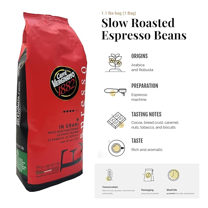 Caffe Vergnano 1882 Espresso Whole Bean Arabica Roast Coffee, 1.1 lb bag - Italian Medium Roast Coffee Beans with notes of Chocolate, Nuts & Caramel, Intensity 7/10-500g Bag