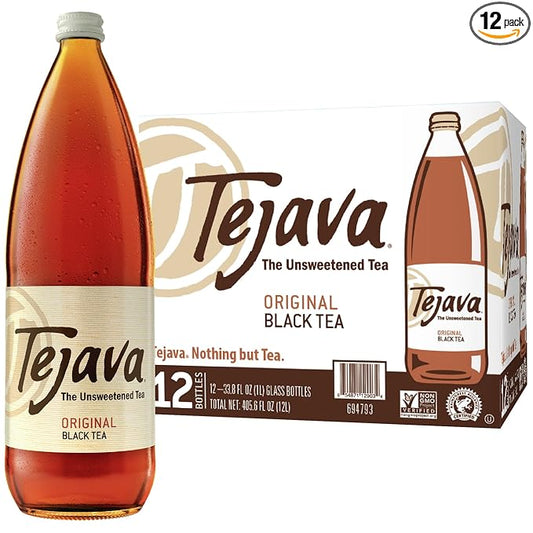 Tejava Original Unsweetened Black Iced Tea, 12 Pack, 1 Liter Glass Bottles, Non-GMO, Kosher, No Sugar or Sweeteners, No calories, No Preservatives, Brewed in Small Batches