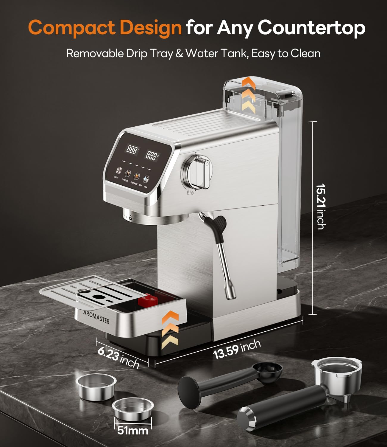 Aromaster 1400W Espresso Machine with Milk Frother, Stainless Steel