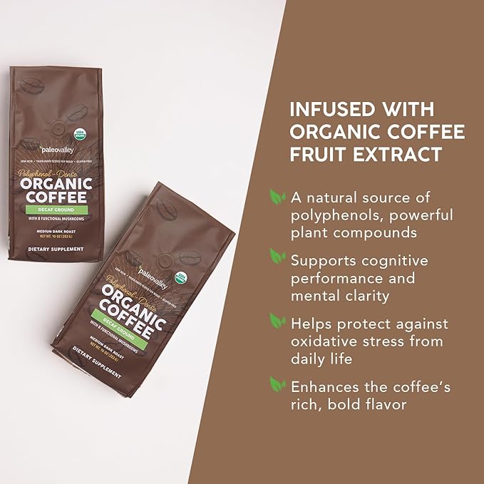 Paleovalley Organic Ground Coffee, 10 oz - Decaf, Low Acid, Single-Origin, Polyphenol-Rich, Infused with Mushrooms & Coffee Fruit Extract