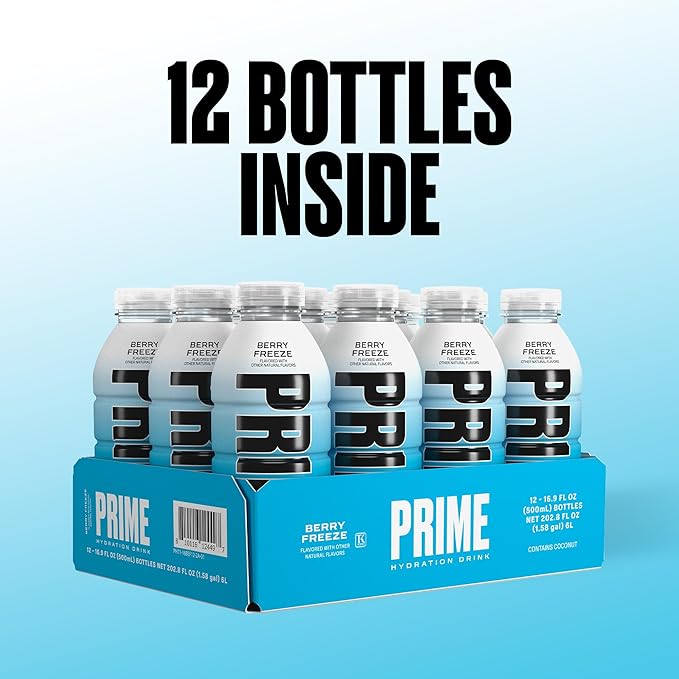 PRIME Hydration BERRY FREEZE, Sports Drinks, Electrolyte Enhanced for Ultimate Hydration, 250mg BCAAs, B Vitamins, Antioxidants, Low Sugar, 16.9 Fl Oz, 12 Pack