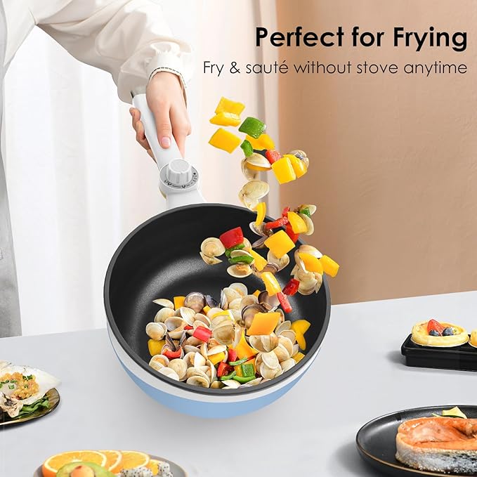Audecook Hot Pot Electric, 1.7L Mini Electric Skillet Portable Nonstick Saut챕 Pan with Power Adjustment, Rapid Noodles Cooker Travel Multicooker for Steak/Soup/Egg/Oatmeal/Noodles