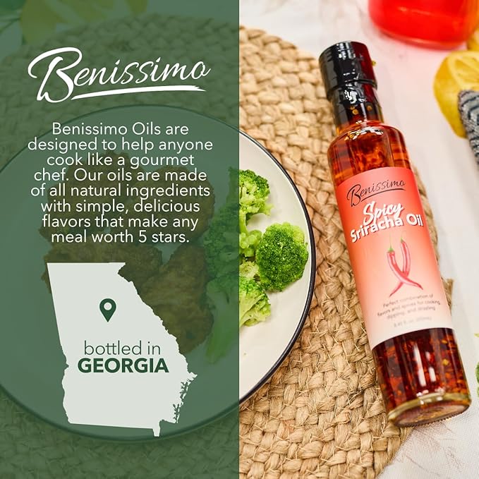Benissimo Spicy Sriracha Herb Infused Oil, All Natural Gourmet Cooking Oil with Bold Chili Heat and Hand-Selected Herbs, Ideal for Drizzling, Dipping, Saut챕ing, 8.45 fl oz
