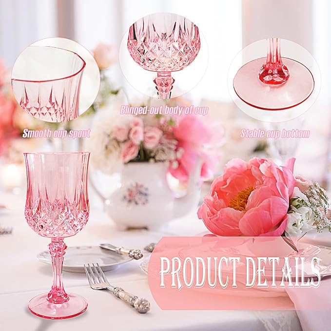 12 PCS Pink Plastic Wine Glasses,Reusable Plastic Wine Glasses,Pink Goblet Glass,Durable and Sturdy Cups Can Be Used for Various Parties Such as Weddings!