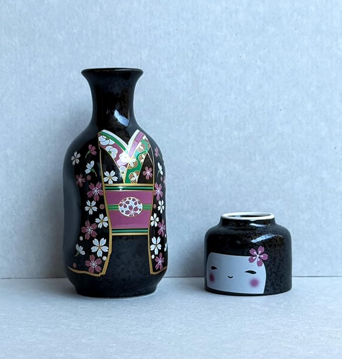 Japanese Traditional Kokeshi Design Sake Wine Soju Ceramic Set with 1 Ochoko Cup and 1 Tokkuri Bottle Gifts (Kokeshi Sakura Komachi)