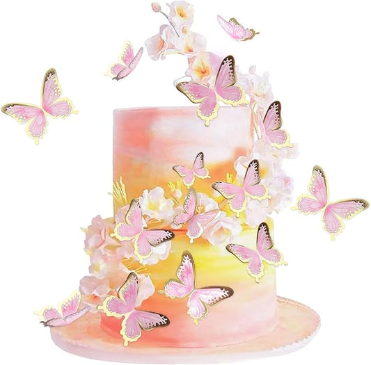 30pcs Pink Gold Edge Mixed Size Lively 3D Waterproof Swllowtail Butterfly Cupcake Topper for Girls Women's Happy Birthday Wedding Party Cake Wall Party Food Decorations