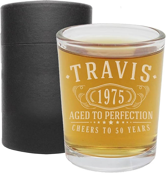 Personalized Vintage 50th Etched 2.5oz 1pk Shot Glass – Custom 1975 Happy 50th Birthday Gifts Men Women, Customized Cheers 50 Years, Turning 50 Year Old Decorations Decor, Party Favors Best Gift Idea