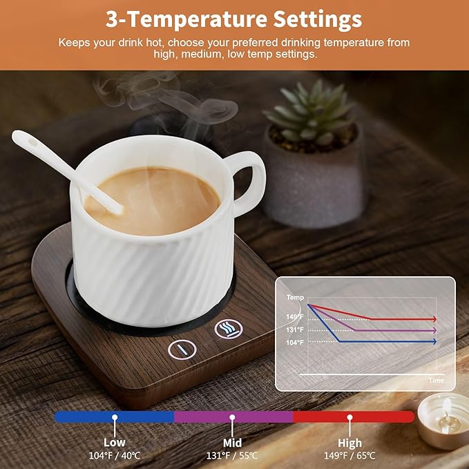 VOBAGA Imitation Wood Grain Coffee Cup Warmer & Mug Warmer for Desk, Electric Cup Beverage Warmer Plate with 3 Temperature Settings for Tea, Cocoa, Milk with Auto Shut Off After 4 Hours, for Gifts