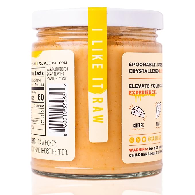 Sauce Bae Hot Raw Honey - Unfiltered & Unpasteurized, 100% USA White Clover, Perfect for Charcuterie & Sandwiches - 12 Oz